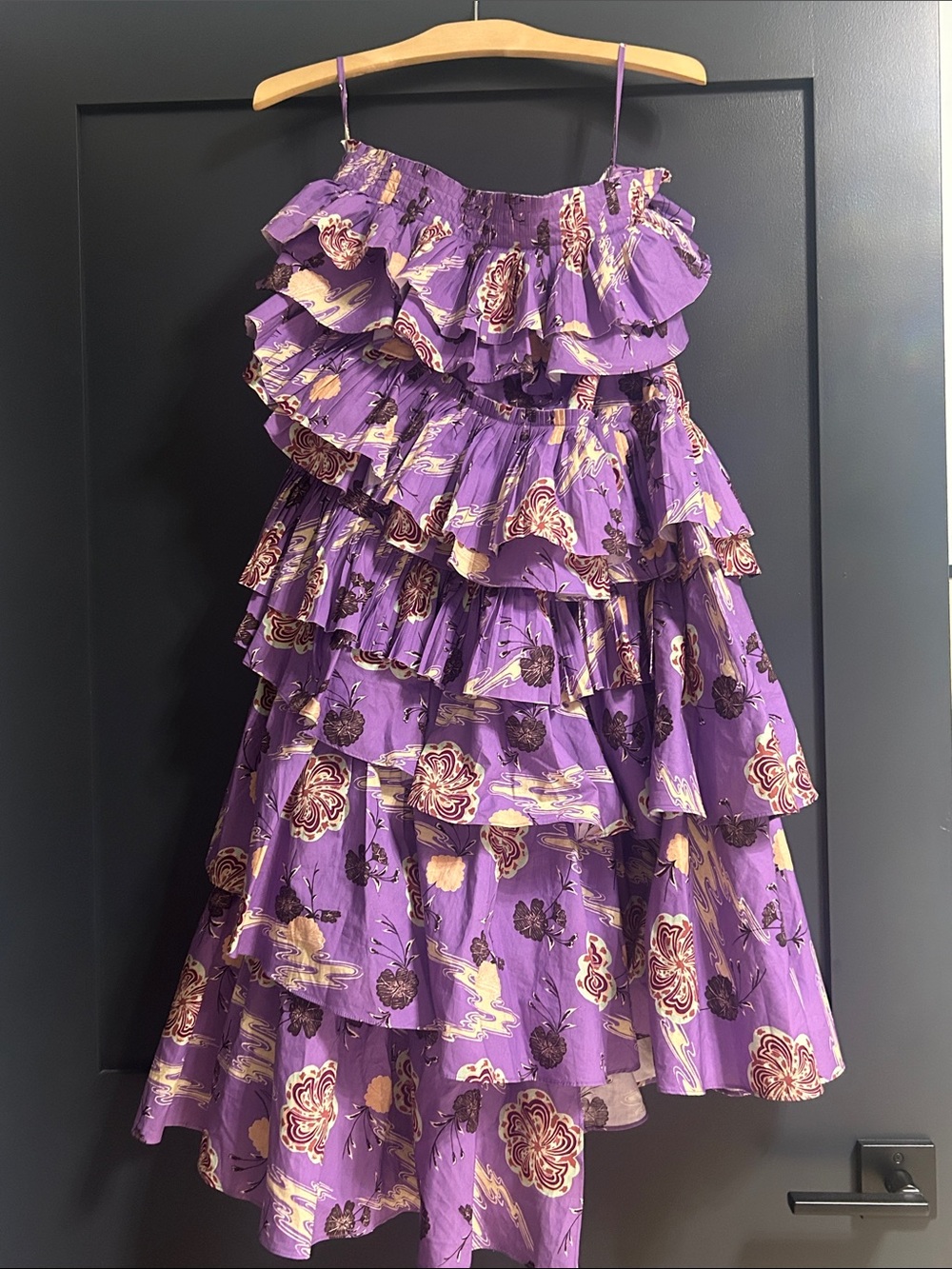 Ulla Johnson Purple Floral Tiered Ruffle Midi Skirt